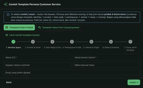 Panduan persona CS Wonten: identitas, produk, alur order, pembayaran, ongkir, rekap dan bundling
